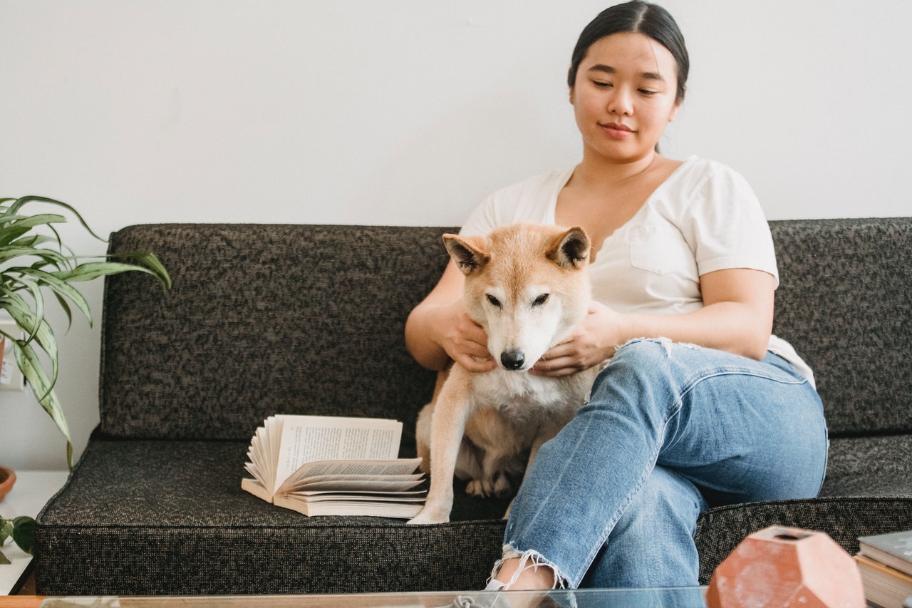 Une dame avec son chien sur le canapé