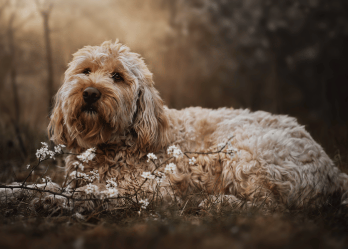 Un Otterhound paisible pose parmi les fleurs sauvages, incarnant la sérénité printanière.