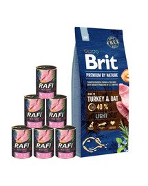 BRIT Premium By Nature Light - Nourriture à base de dinde et d'avoine pour chiens en surpoids - 15 kg + nourriture humide avec dinde 6x400 g