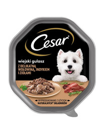 CESAR plateau14x150 g nourriture complète humide pour chiens adultes en sauce avec de la dinde tendre, du bœuf et des herbes