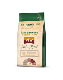 FITMIN Dog Nutritional Programme Medium Maxi Performance Lamb&Beef 12 kg pour les chiens adultes de moyenne et grande race ayant un niveau d'activité très élevé