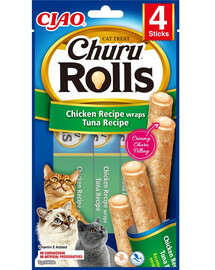 INABA Churu Rolls Cat Treat Aliment humide avec garniture crémeuse au poulet et thon 4x10g