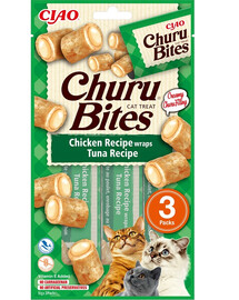 INABA Churu Bites Cat Treat Aliment humide avec garniture crémeuse au poulet et thon 3x10g
