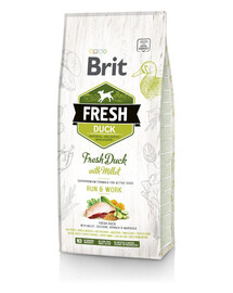 BRIT Fresh duck with millet active run & work - Canard frais et millet pour chiens actifs - 2 x 12 kg + FLEXI Laisse New Comfort L 8 m OFFERTE
