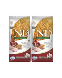 FARMINA N&D Ancestral Grain dog Adult Medium & Maxi Chicken & pomegranate 2 x 12 kg Poulet et grenade