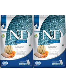 FARMINA N&D Ocean Cat Kitten cod, shrimp, pumpkin & cantaloupe melon 2 x 5 kg morue, crevettes, citrouille et melon au cannabis pour les chatons