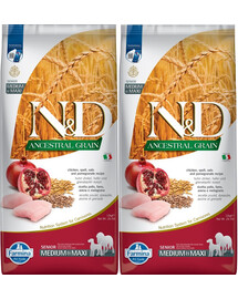 FARMINA N&D Ancestral Grain Chicken & Pomegranate Senior Medium & Maxi - Poulet, grenades et céréales pour chiens âgés de moyennes et grandes races - 2 x 12 kg