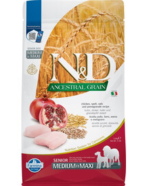 FARMINA N&D Ancestral Grain Dog Chicken, spelt, oats, pomegranate Senior Medium&Maxi - Poulet, épeautre, avoine, grenade pour chiens âgés de moyennes et grandes races - 2,5 kg