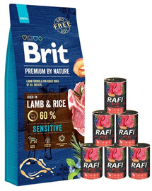 BRIT Premium By Nature Sensitive Lamb - Nourriture à base d'agneau et de riz pour chiens adultes ayant un tube digestif sensible - 15 kg + nourriture humide avec bœuf 6x400 g