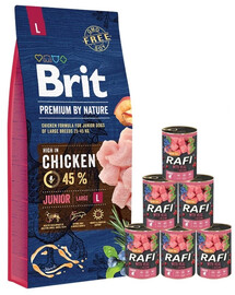BRIT Premium By Nature Junior Large L - Nourriture complète au poulet pour les chiots de grande race - 15 kg + nourriture humide avec veau 6x400 g