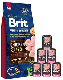 BRIT Premium By Nature Senior Large Extra Large L+XL - Nourriture au poulet pour chiens âgés de grandes et très grandes races - 15 kg + nourriture humide avec dinde 6x400 g