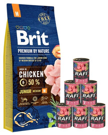 BRIT Premium By Nature Junior Medium M - Poulet pour chiots de races moyennes - 15 kg + nourriture humide avec veau 6x400 g