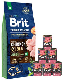 BRIT Premium By Nature Junior Extra Large XL - Nourriture complète avec du poulet pour les chiots de très grandes races - 15 kg + nourriture humide avec veau 6x400 g