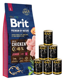 BRIT Premium By Nature Junior Large L - Nourriture avec poulet pour chiots de grandes races - 15 kg + nourriture humide avec volaille 6x1240 g