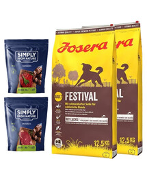 JOSERA Festival Pour les chiens adultes difficiles 25kg (2x12,5kg) + SIMPLY FROM NATURE Saucisses naturelles à base de viande de cheval et de cerf 2x200 g