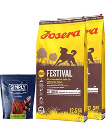JOSERA Festival Pour les chiens adultes difficiles 25kg (2x12,5kg) + SIMPLY FROM NATURE Saucisses naturelles à base de viande de cheval 200 g