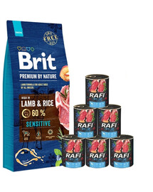 BRIT Premium By Nature Sensitive Lamb - Nourriture à base d'agneau et de riz pour chiens adultes ayant un système digestif sensible - 15 kg + nourriture humide avec agneau 6x400 g