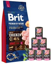 BRIT Premium By Nature Adult Large L - Nourriture complète au poulet pour chiens adultes de grande race - 15 kg + nourriture humide avec dinde 6x400 g