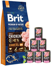 BRIT Premium By Nature Senior Small Medium S+M - Nourriture au poulet pour les chiens âgés de petites et moyennes races - 15 kg + nourriture humide avec dinde 6x400 g