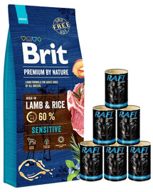 BRIT Premium By Nature Sensitive Lamb - Agneau et riz pour chiens avec système digestif sensible - 15 kg + nourriture humide avec agneau 6x1240g