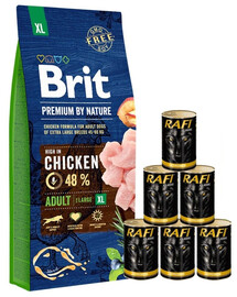 BRIT Premium By Nature Adult Extra Large XL - Poulet pour chiens adultes de très grandes races - 15 kg + nourriture humide avec volaille 6x1240 g