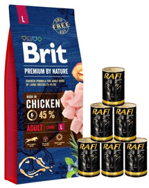 BRIT Premium By Nature Adult Large L - Nourriture complète pour chiens adultes de grandes races - 15 kg + nourriture humide avec volaille 6x1240 g