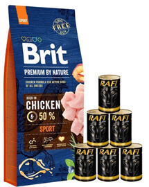 BRIT Premium By Nature Sport - Poulet pour chiens ayant des besoins énergétiques élevés - 15 kg + nourriture humide avec volaille 6x1240 g