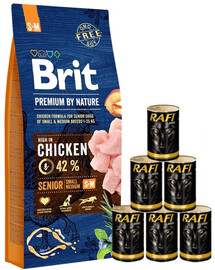 BRIT Premium By Nature Senior Small Medium S+M - Nourriture au poulet pour chiens âgés de petites et moyennes races - 15 kg + nourriture humide avec volaille 6x1240 g