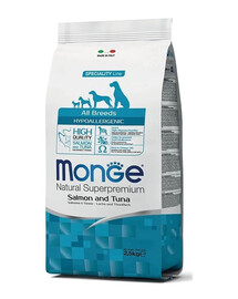 MONGE Hypoallergenic Natural - Croquettes hypoallergéniques de saumon et thon - 2,5 kg