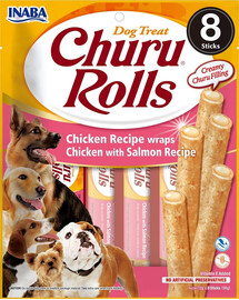 INABA Churu Rolls Chicken&Salmon Aliment humide avec garniture crémeuse au poulet et au saumon 8x12g