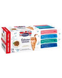 BUTCHER'S Delicious Dinners Cat Jumbo Pack Fish selection in Jelly 40x100 g morceaux de gelée de saumon avec de la truite, du poisson de mer et de l'aiglefin pour les chats