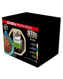 SHEBA Sauce Collection Sélection de saveurs 32x85 g en sauce avec du saumon, du thon, du poulet, du canard