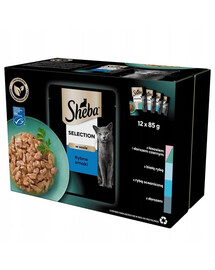 SHEBA Selection Fish Flavours in sauce 12x85g nourriture humide avec saumon et morue noire, poisson blanc, poisson de mer, morue pour chats