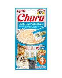 INABA Churu Cat Treat Tuna&Seafood Aliments humides avec du thon et des fruits de mer 4x14g