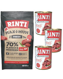 RINTI MAX-I-MUM Beef avec de la viande de bœuf 12 kg + Kennerfleisch Beef nourriture humide avec du bœuf 3x400 g