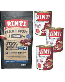 RINTI MAX-I-MUM Duck avec du canard 12 kg + Kennerfleisch Duck alimentation humide avec canard 3x400 g