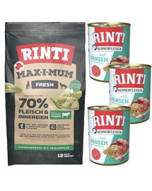 RINTI MAX-I-MUM Rumen avec le rumen 12 kg + Kennerfleisch Rumen avec nourriture humide pour le rumen 3x400 g