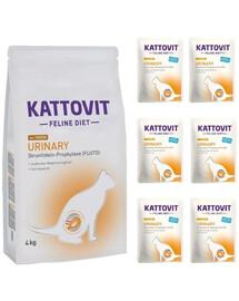 KATTOVIT Feline Diet Urinary Croquettes au poulet pour les chats ayant des problèmes urinaires 4 kg + Feline Diet Urinary Aliments humides 6x85 g