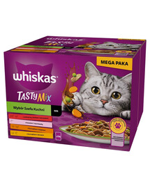 WHISKAS Adult Tasty Mix Chef's Choice en sauce 24x85 g avec bœuf, saumon, poulet et dinde, poulet et cabillaud pour chats adultes