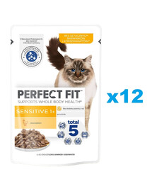 PERFECT FIT Sensitive 1+  12x85 g Aliment complet humide pour chats adultes au poulet en sauce