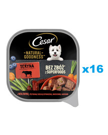 CESAR Natural Goodness Mus 16x100 g Aliment complet humide pour chiens adultes à base de bœuf, haricots verts, carottes et myrtilles