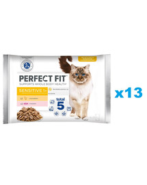 PERFECT FIT Sensitive 1+  52x85 g Aliment complet humide pour chats adultes, en sauce au poulet, avec du saumon