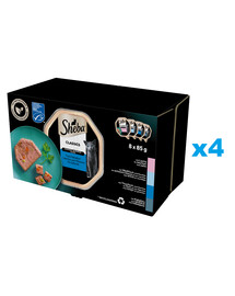 SHEBA Classics Fish Flavours trays 32x85g nourriture complète humide pour chats adultes en terrine avec saumon, poisson blanc et carottes, thon et légumes, cabillaud