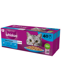 WHISKAS Sachet adulte 40 x 85 g Arômes de poisson en gelée saumon, thon, cabillaud, poisson blanc + TRIXIE Souris en peluche avec herbe à chat 7 cm