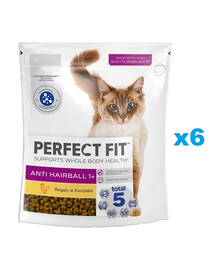 PERFECT FIT Antihairball 1+ 6x750 g Aliment sec complet pour chats adultes, riche en poulet