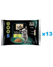 SHEBA Kitten choice of flavours sachets 52x85 g d'aliment complet humide pour chaton en morceaux de sauce avec : saumon, poulet