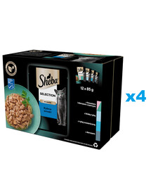 SHEBA Selection Fish Flavours sachets 48x85g nourriture complète humide pour chats adultes en morceaux en sauce avec saumon et morue noire, poisson blanc, poisson de mer, morue