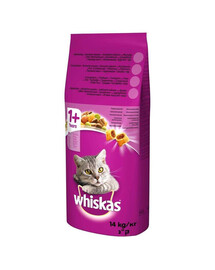 WHISKAS Adult 14kg nourriture sèche avec du thon et des légumes + WHISKAS Adult 12x85g Fish Jellied Treats avec : saumon, thon