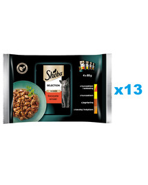 SHEBA Selection Juicy Flavours sachets 52x85g nourriture complète humide pour chats adultes en sauce avec poulet et bœuf, poulet, agneau, canard et dinde.