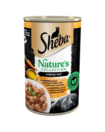 SHEBA 400 g Nature's Collection en boîte avec de la dinde, des cœurs de volaille et de l'huile de poisson avec des carottes dans une garniture en terre cuite